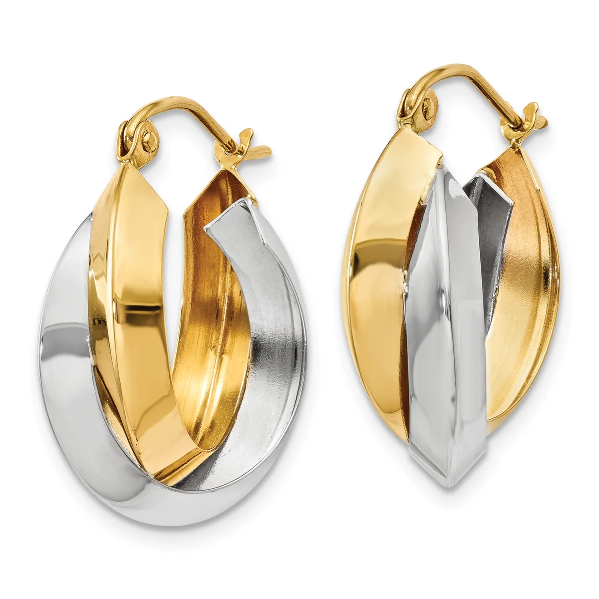 Pair of two-tone gold and silver hoop earrings with textured and polished finishes, shown from front and back views.