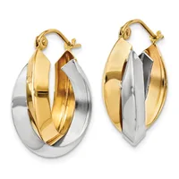 Pair of two-tone gold and silver hoop earrings with textured and polished finishes, shown from front and back views.