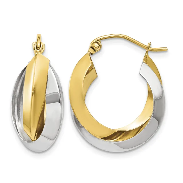 A pair of two-tone gold and silver hoop earrings with twisted gold centers and polished silver outer surfaces, shown from front and side angles with post and hook closures.
