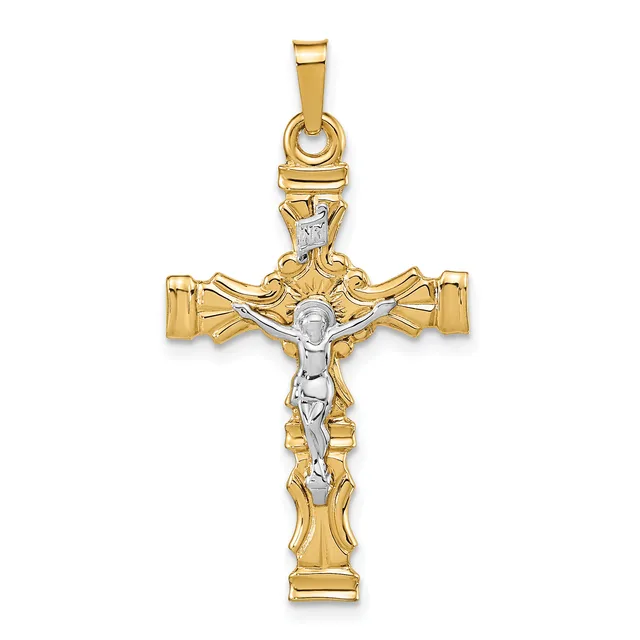 Two-tone gold crucifix pendant with ornate scrollwork at the top and sides, featuring a white gold corpus figure.