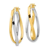 A pair of two-tone hoop earrings with intertwined yellow and white gold bands, shown from the front with posts and backs visible.