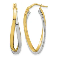Pair of two-tone gold hoop earrings with yellow and white gold twisted design and post and hinge closures, shown from front and side views.