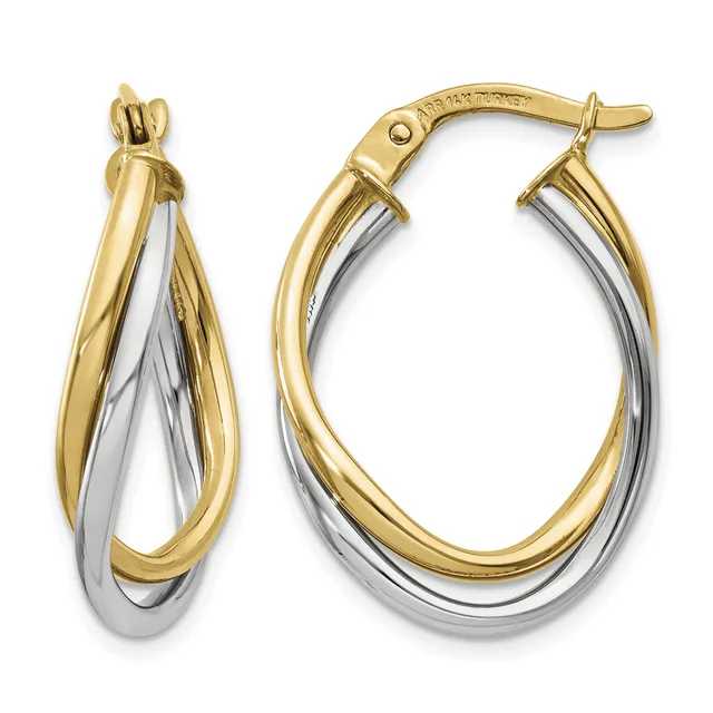 Two-tone gold and silver oval hoop earrings with intertwined yellow and white metal bands and post-and-clip closures.