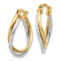 A pair of two-tone gold and silver hoop earrings with interlocking oval loops and hinged closures.