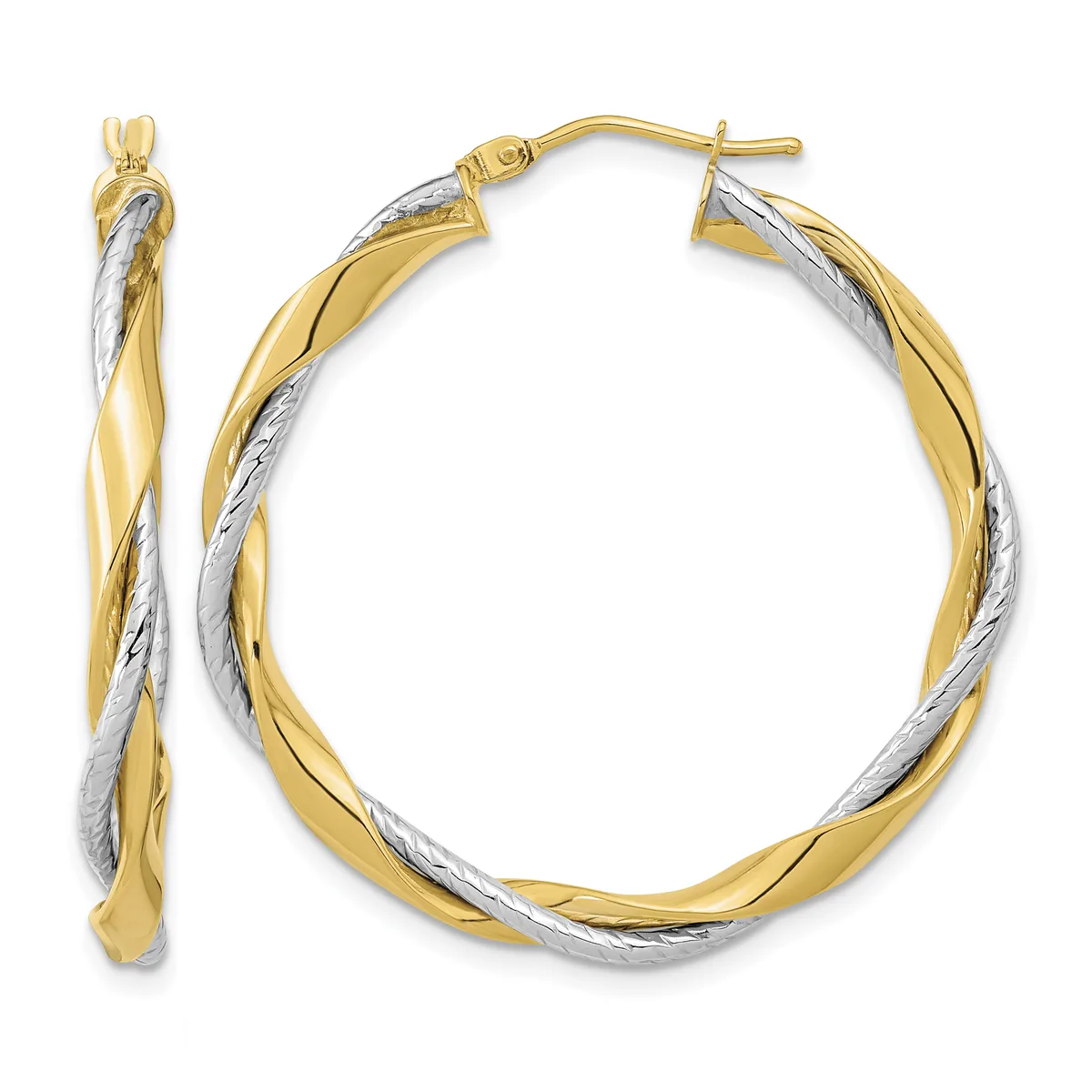 Pair of twisted two-tone gold hoop earrings with yellow and white gold strands intertwining, shown from front and side views with post and clutch closures.