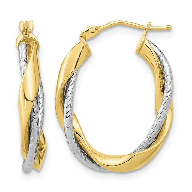 Pair of two-tone gold twisted hoop earrings with white textured strips and yellow polished sections, shown from front and side views with post and clutch closures.