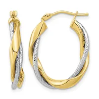 Pair of two-tone gold twisted hoop earrings with white textured strips and yellow polished sections, shown from front and side views with post and clutch closures.