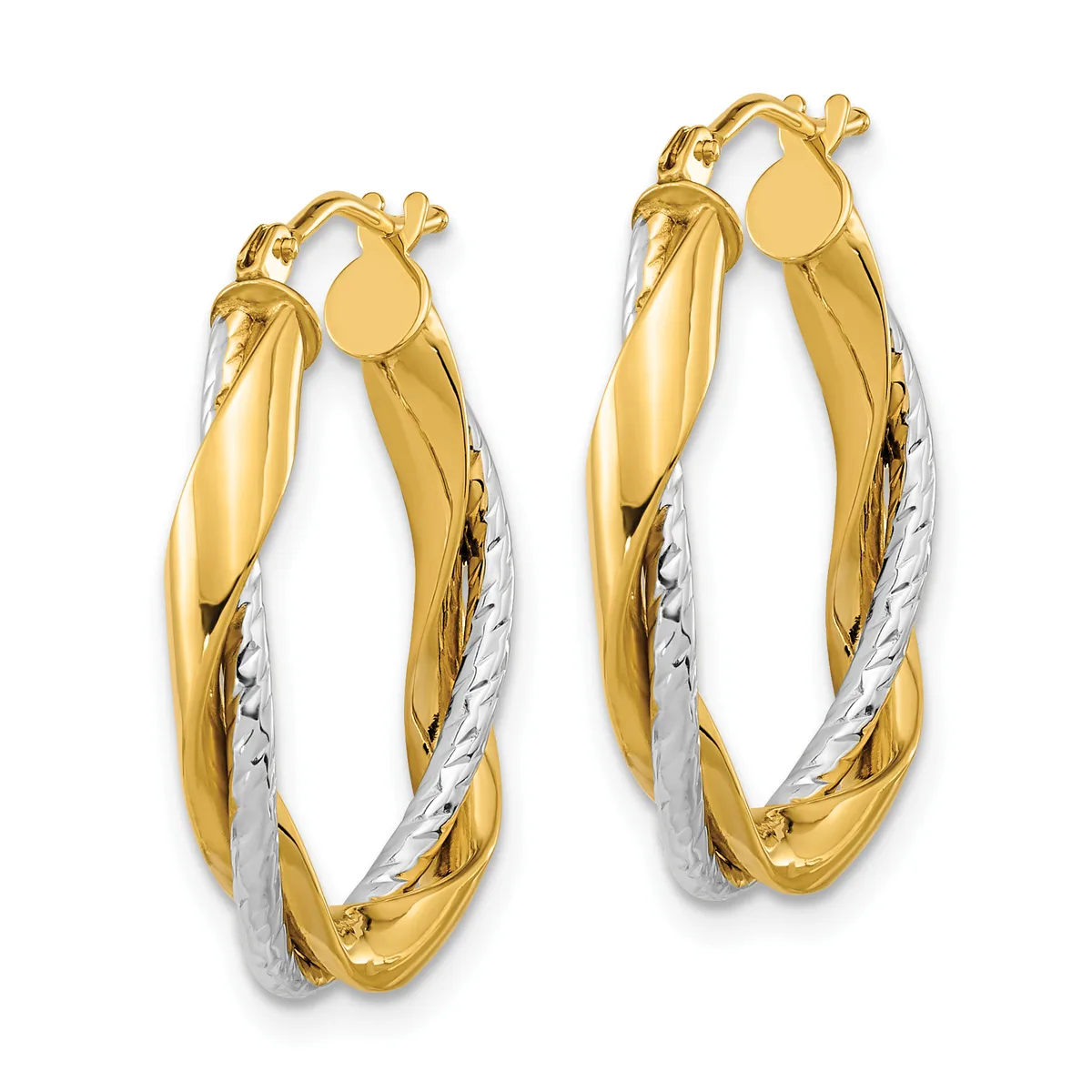 Pair of two-tone gold twisted hoop earrings with yellow gold outer surfaces and white gold textured inner sections, shown against a white background.