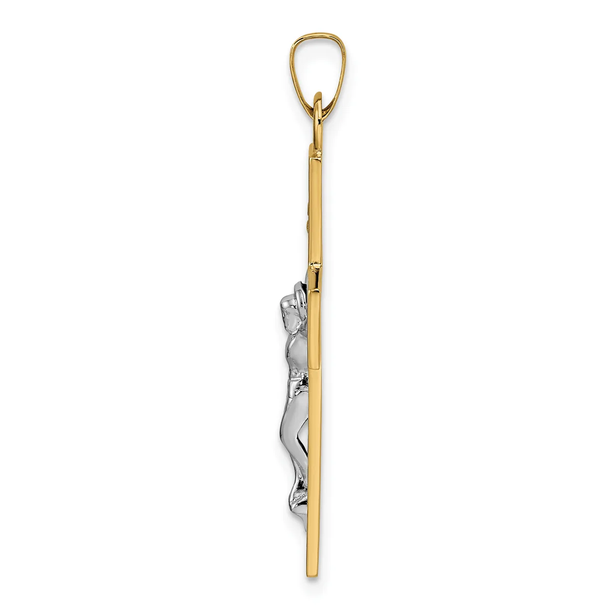 A two-tone pendant with a gold-colored elongated loop at the top, a gold stem, and a silver-colored abstract sculptural element in the middle section.