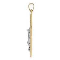 A two-tone pendant with a gold-colored elongated loop at the top, a gold stem, and a silver-colored abstract sculptural element in the middle section.