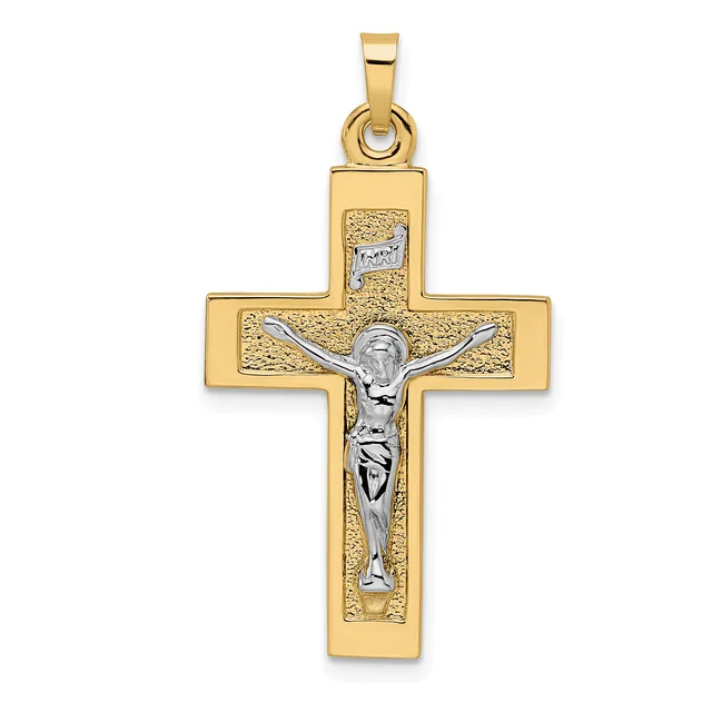 Two-tone gold crucifix pendant with textured yellow gold cross and polished white gold corpus figure, suspended from a rectangular bail.