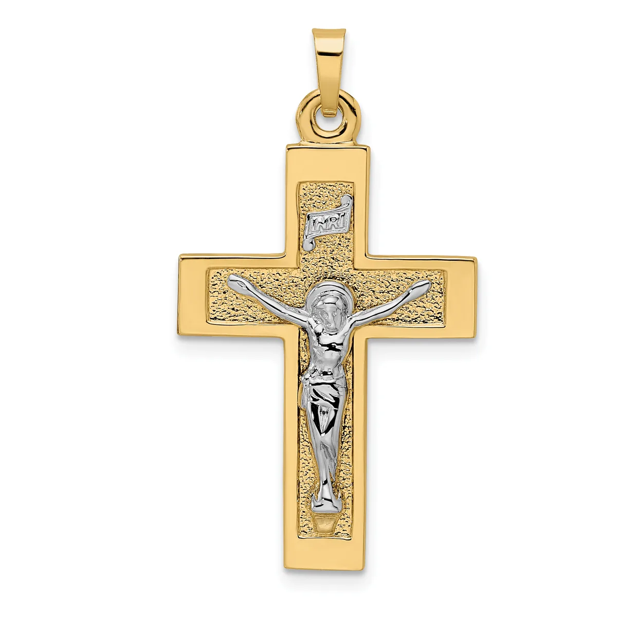 Two-tone gold crucifix pendant with textured yellow gold cross and polished white gold corpus figure, suspended from a rectangular bail.