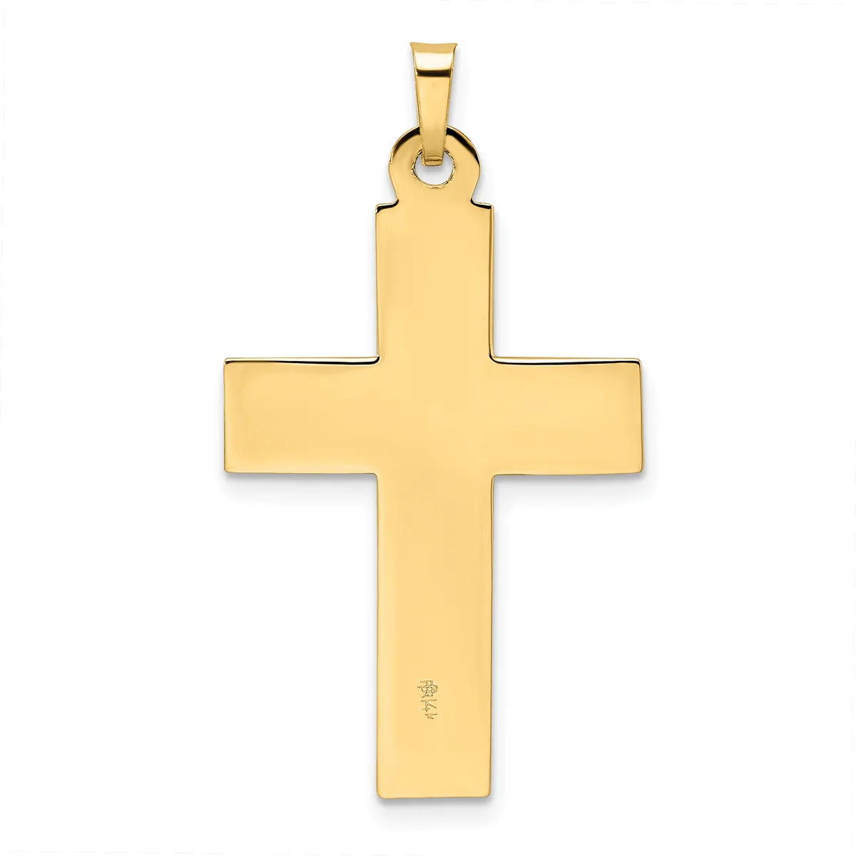 A polished gold cross pendant with equal-length arms and a small hallmark stamped on the lower vertical arm, shown hanging from a bail.
