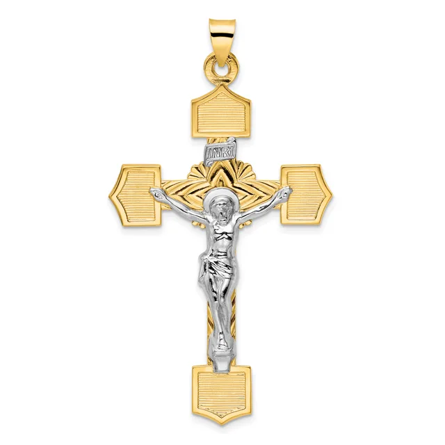 A two-tone gold and silver crucifix pendant with a polished silver corpus figure and four gold rectangular shield-shaped terminals, displayed against a white background.