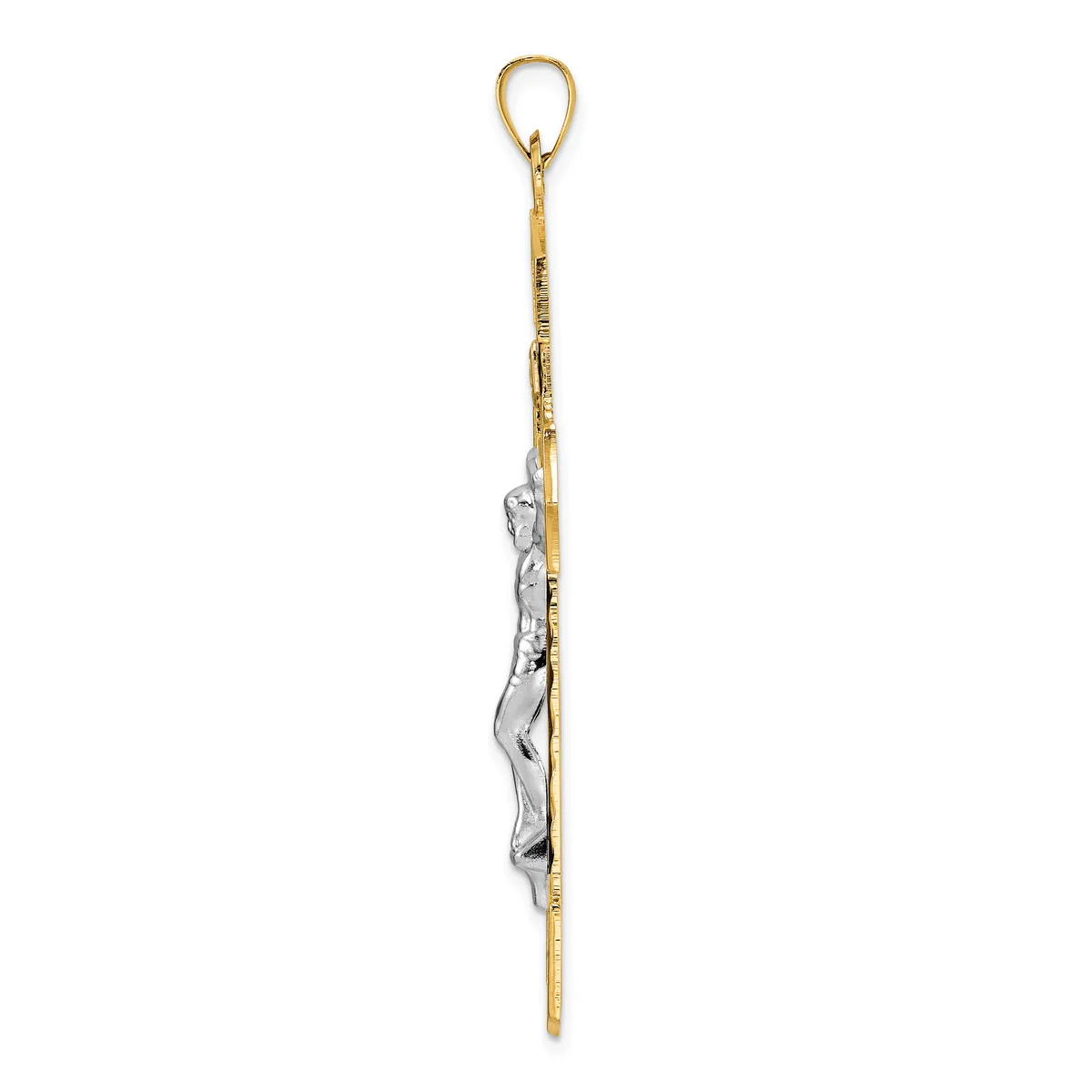 A long pendant necklace with a gold-toned chain and a silver-toned sculptural element featuring curved, organic forms hanging from a loop at the top.