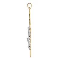 A long pendant necklace with a gold-toned chain and a silver-toned sculptural element featuring curved, organic forms hanging from a loop at the top.