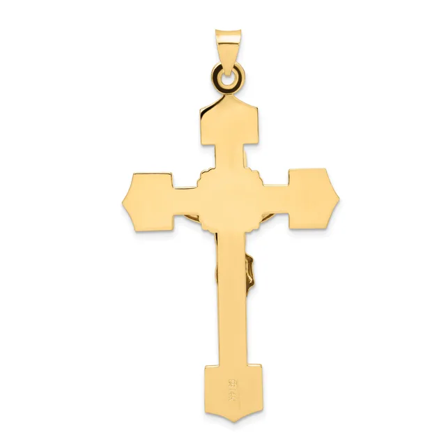 A gold cross pendant with a flared square design at each of the four cardinal points and a small hallmark stamped at the base, shown suspended from a bail loop.