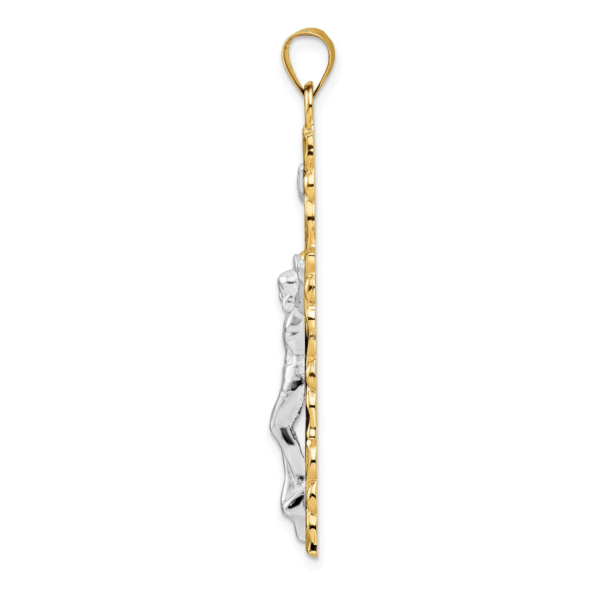 Two-tone gold and silver pendant with a textured surface, suspended from a gold chain with a loop attachment at the top.
