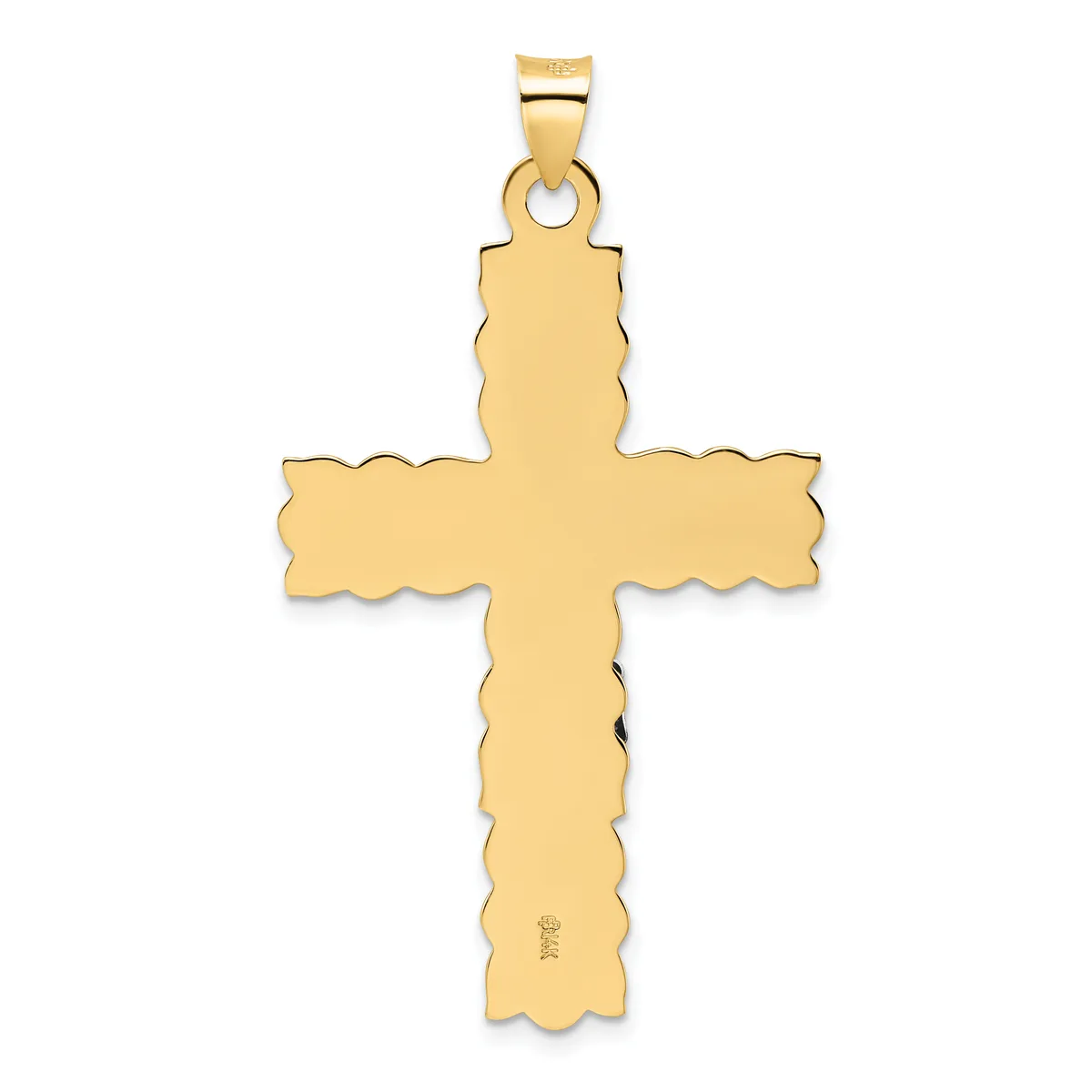 A gold cross pendant with scalloped edges and a small hallmark stamp on the lower arm, suspended from a gold bail.