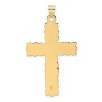 A gold cross pendant with scalloped edges and a small hallmark stamp on the lower arm, suspended from a gold bail.