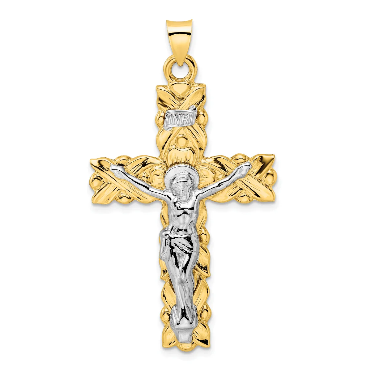 Two-tone gold crucifix pendant with ornate leafy design on the arms and a white gold corpus of Christ figure suspended from a bail.