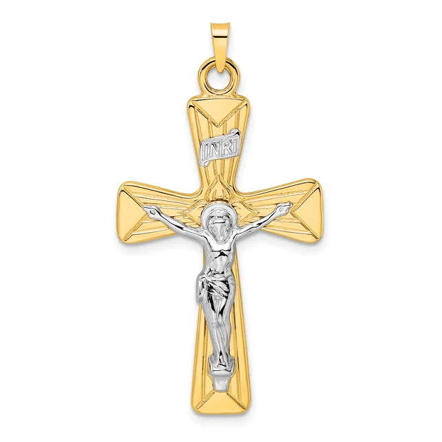 Two-tone gold crucifix pendant with a polished yellow gold cross and a white gold corpus of Christ figure, suspended from a yellow gold bail.