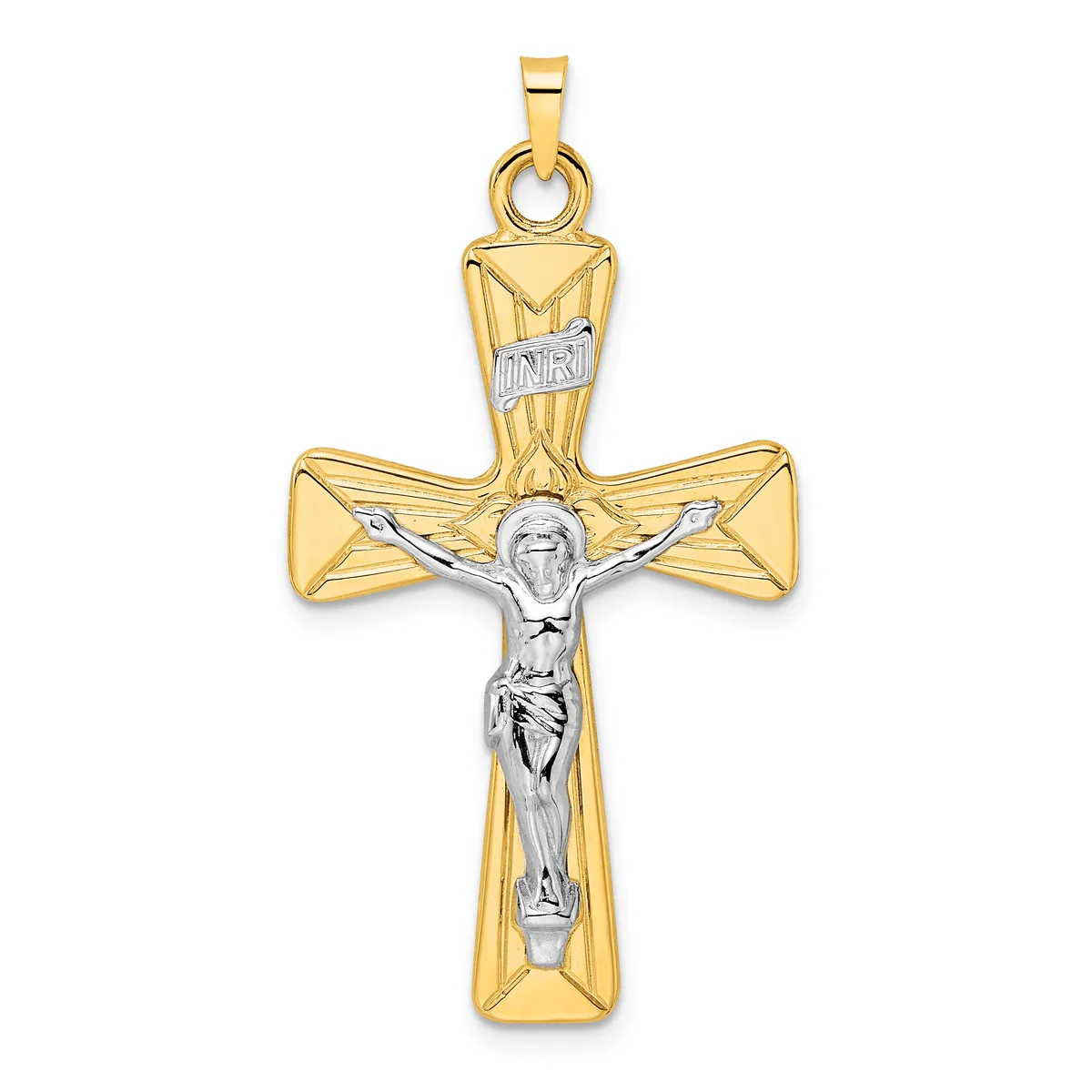Two-tone gold crucifix pendant with a polished yellow gold cross and a white gold corpus of Christ figure, suspended from a yellow gold bail.