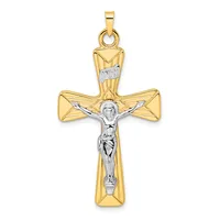 Two-tone gold crucifix pendant with a polished yellow gold cross and a white gold corpus of Christ figure, suspended from a yellow gold bail.