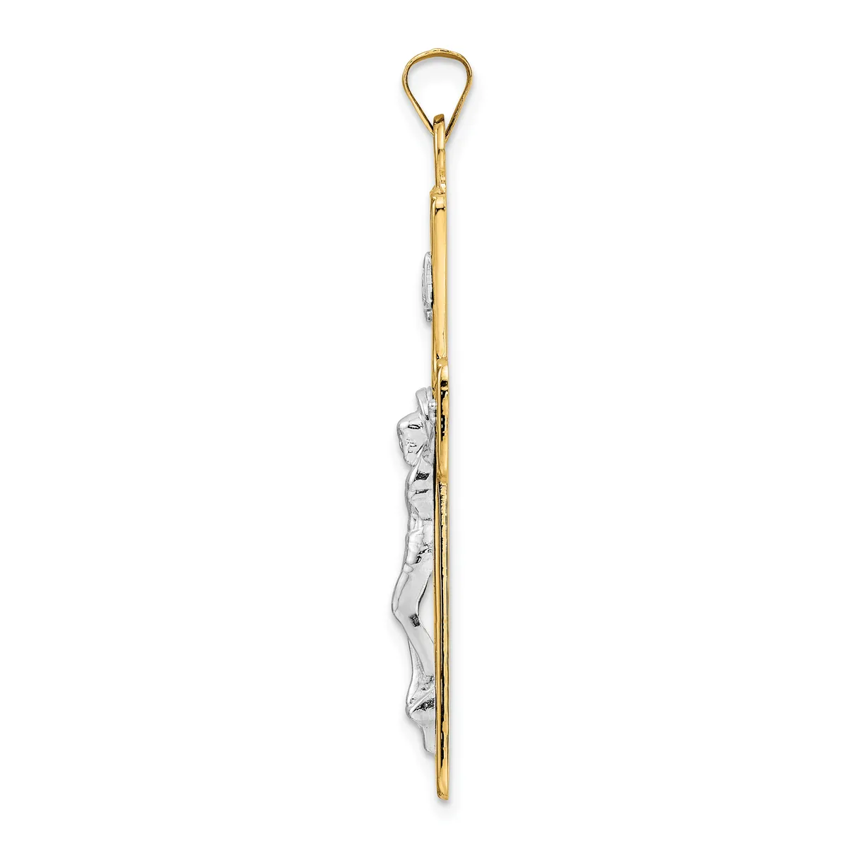A two-tone pendant on a chain featuring a polished gold-colored elongated shaft with a loop at the top and silvery-white decorative metalwork along the lower portion.