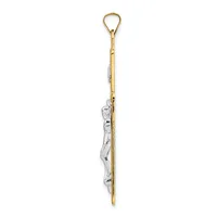 A two-tone pendant on a chain featuring a polished gold-colored elongated shaft with a loop at the top and silvery-white decorative metalwork along the lower portion.