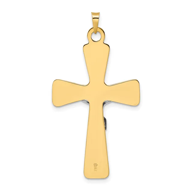 A gold cross pendant with rounded arms and a small loop at the top, shown against a white background with a small stamped hallmark on the lower shaft.