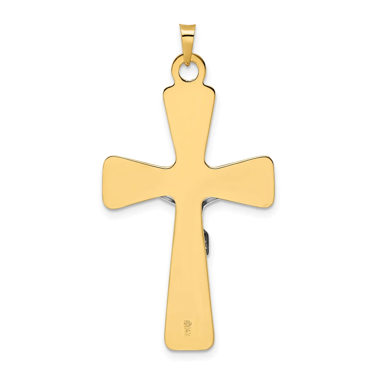A gold cross pendant with rounded arms and a small loop at the top, shown against a white background with a small stamped hallmark on the lower shaft.