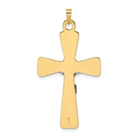 A gold cross pendant with rounded arms and a small loop at the top, shown against a white background with a small stamped hallmark on the lower shaft.
