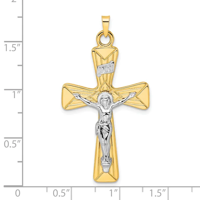 Two-tone gold cross pendant with a polished yellow gold cross and white gold crucifix figure, shown against a measurement scale indicating approximately 1.75 inches in height.
