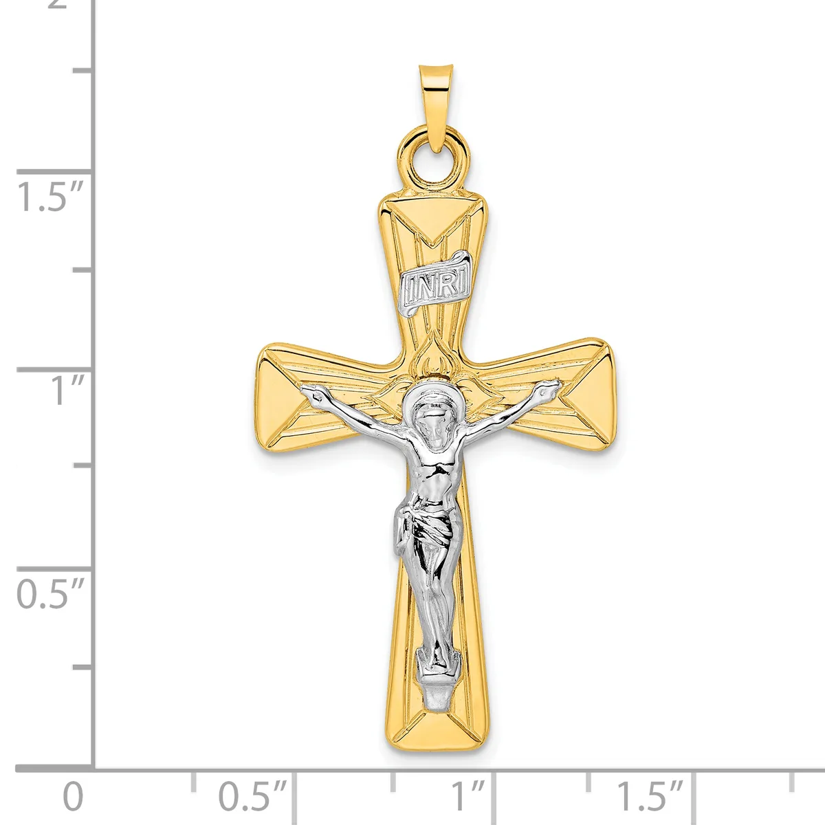 Two-tone gold cross pendant with a polished yellow gold cross and white gold crucifix figure, shown against a measurement scale indicating approximately 1.75 inches in height.