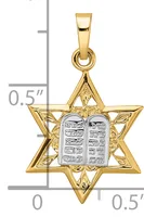 Gold Star of David pendant with silver Ten Commandments tablets in the center, shown with measurement scale indicating approximately half an inch in width and height.