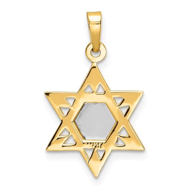 Gold Star of David pendant with triangular cutouts around a hexagonal silver center, suspended from a gold bail.