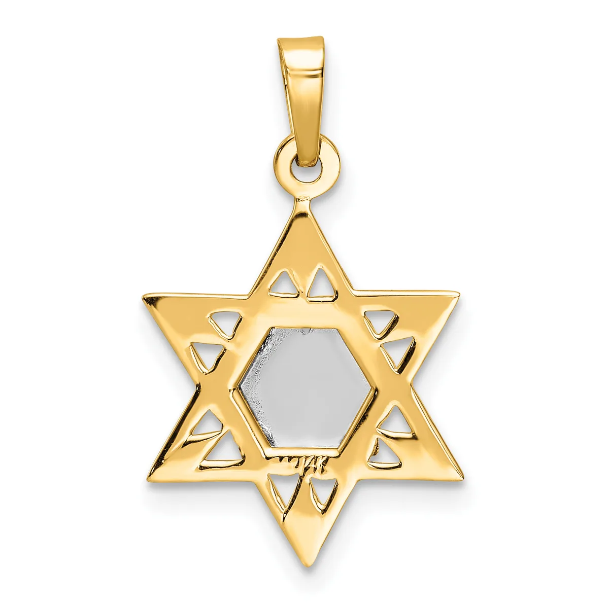 Gold Star of David pendant with triangular cutouts around a hexagonal silver center, suspended from a gold bail.
