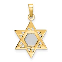 Gold Star of David pendant with triangular cutouts around a hexagonal silver center, suspended from a gold bail.