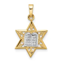 Gold Star of David pendant with two-tone finish featuring silver-colored Tablets of the Law in the center, suspended from a gold bail.