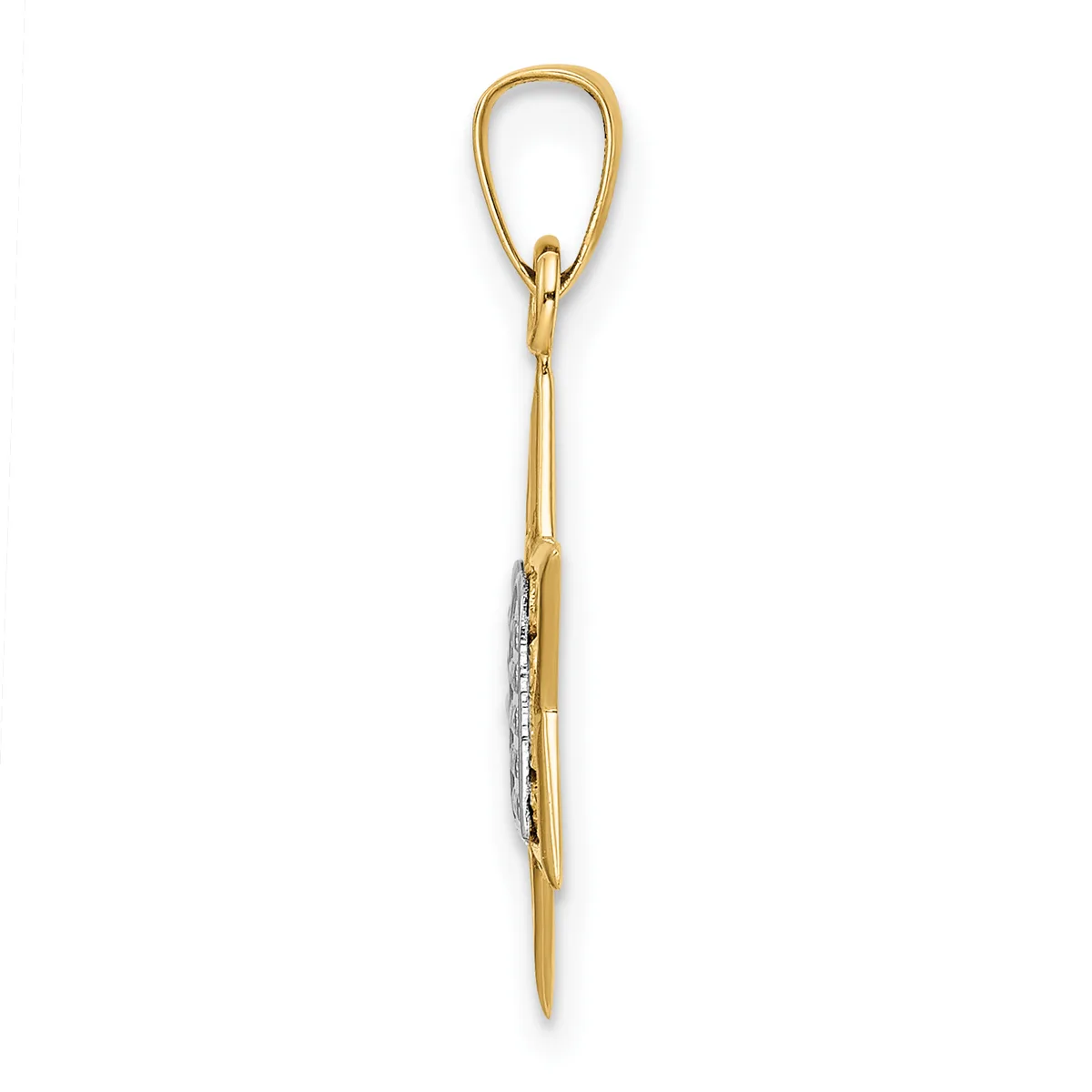 A two-tone gold pendant with a loop bail at the top and a pointed bottom, featuring white diamond accents along the lower shaft.