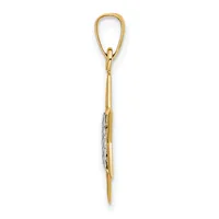 A two-tone gold pendant with a loop bail at the top and a pointed bottom, featuring white diamond accents along the lower shaft.