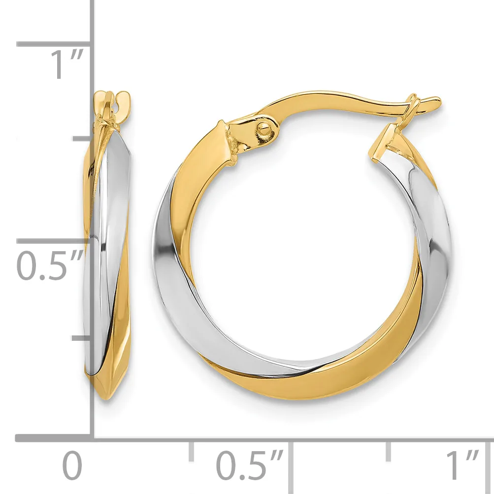 Two-tone gold hoop earrings with twisted design, shown from front and side views with measurement scale indicating approximately one inch in length.