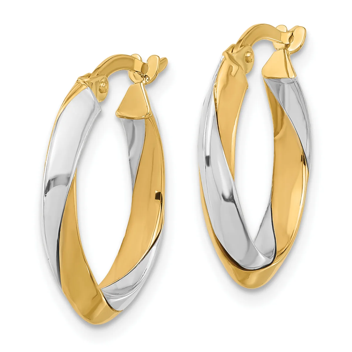 A pair of two-tone gold hoop earrings with twisted white and yellow gold bands, featuring hinged closures with small decorative caps.