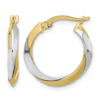Two-tone gold and silver twisted hoop earrings with post and clutch closures, shown from front and side views.