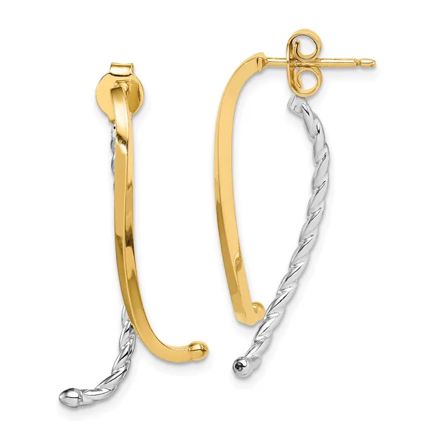 Two-tone gold and silver elongated oval hoop earrings with twisted silver accents, displayed as a pair with post and clutch closures.