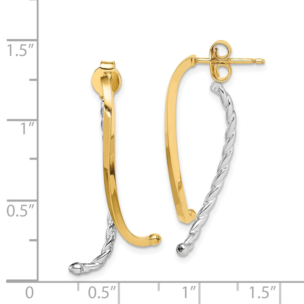 Two-tone hoop earrings with yellow gold curved bars and white gold twisted wire bottoms, displayed against a measurement scale.