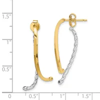 Two-tone hoop earrings with yellow gold curved bars and white gold twisted wire bottoms, displayed against a measurement scale.