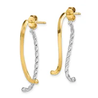 A pair of two-tone hoop earrings with gold curved bands and white textured chain dangles, shown from the front and side views.