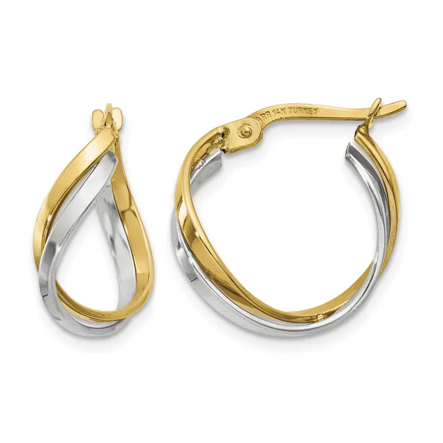 Pair of two-tone gold and silver twisted hoop earrings with post and clutch backs, shown from the front.